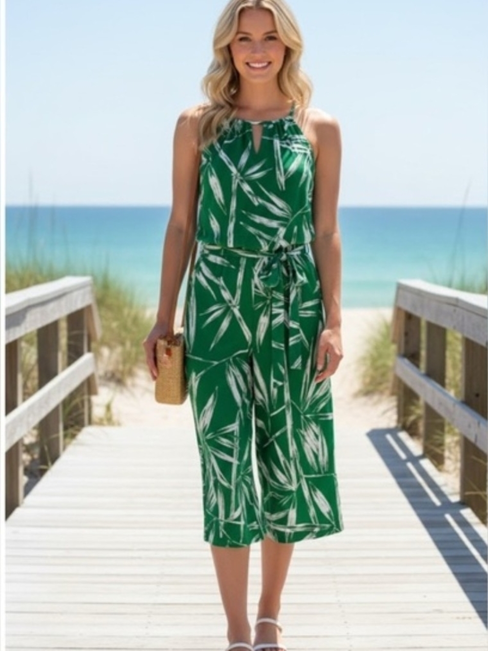 London Times Green Palm-Print Halter Jumpsuit with Tie Waist - Size 12